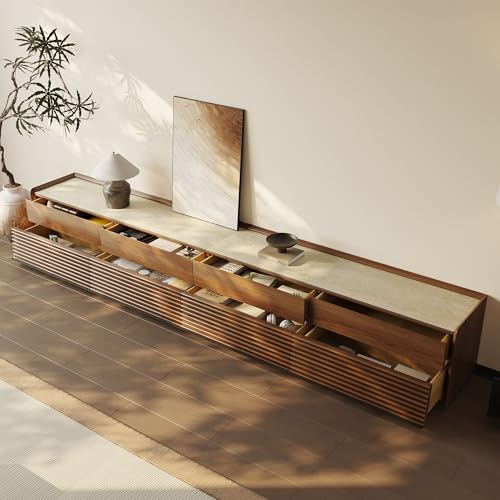 Image of POVISON Fully-Assembled Mid Century Glossy Sintered Stone TV Stand, 118.11 inch Wood Media Console with Adjustable LED Light, Entertainment Center with Storage for Living Room(Walnut)