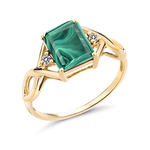 Gem Stone King 3.57 Cttw Green Malachite and White Diamond 18K Yellow Gold Plated Silver Ring for Women | Gemstone Birthstone | 9X7MM Emerald Cut | Available In Size 5, 6, 7, 8, 9