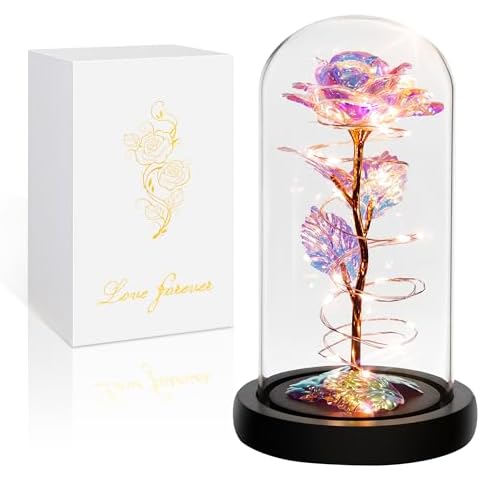 Valentines Day Gifts for Her,Birthday Gifts for Women,Valentines Rose Flower Gifts,Valentines Gifts for Mom Wife Girlfriend Grandma,Colorful Rainbow Light Up Rose in A Glass Dome Mothers Day Rose Gift Cover