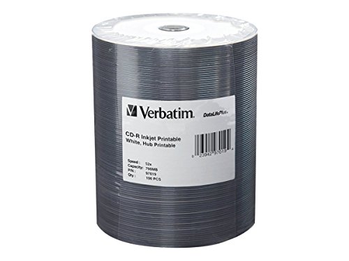 Image of Verbatim CD-R 700MB 52X DataLifePlus White Inkjet Printable, Hub Printable - 100pk Tape Wrap - 97019
