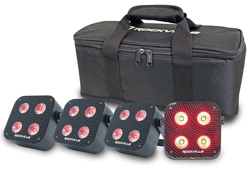Rockville 4 Pack Mini IR4 Black, LED Wash Lights, RGBWA+UV, Compact, App Control, LCD, Wireless DMX, Rechargeable, Perfect for DJ & Event Lighting