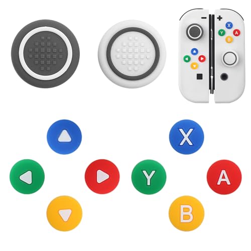 10Pcs Silicone Thumb Grips for Nintendo Switch/OLED, Cross D-Pad Button Caps, ABXY Key Buttons Sticker and Joystick Cover Caps Thumbstick- Color and Sesame Gray