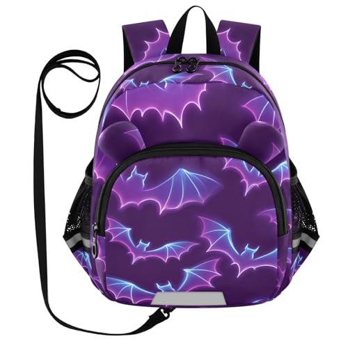 Kid's Backpack for Boys & Girls Toddler Bag Blue Purple Bat Pattern Backpack with Safety Leash