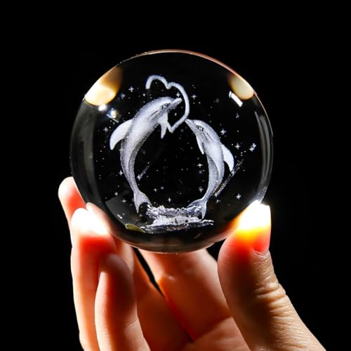 Image of UCRAVO LED Cristal Ball Lamp | LED Dolphin 3D Crystal Ball Night Light | Glass Ball Illuminated with Wooden Base | USB Charging Lamp for Bedroom | Home Decor & Gift with Soft Ambient Lighting