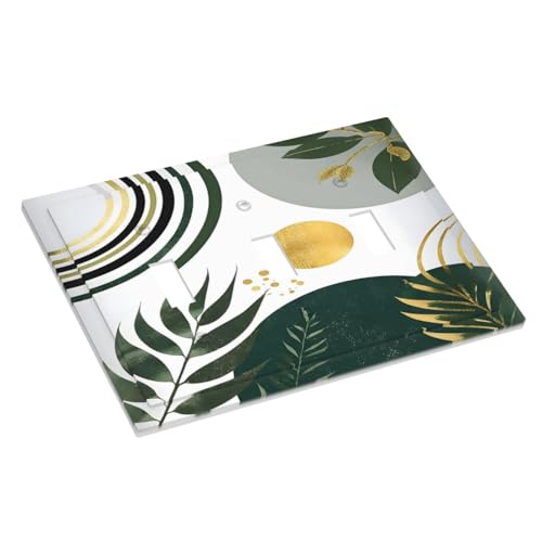 Decorative Light Switch Cover Plate Boho Green Leaves Bohemian Gold Sun 3 Gang Wall Plate Oversized Triple Toggle Switch Cover Plate Jumbo Faceplate for Bedroom Decor