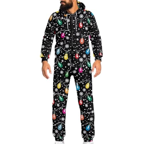 Yewattles Unisex Sleepwear Colorful Christmas Lights Adult Onesie Pajamas Matching Jumpsuit for Couples Reindeer One Piece Christmas Pjs Party Adults Onesie Tracksuit for Men Women S