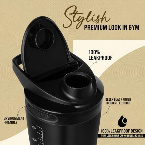 Image of Stainless steel shaker 700ml protein shaker bottle - leak proof 304 SS food grade steel, gym shaker, shaker bottles for protein, steel shaker for gym (Black)