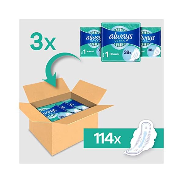 Always Ultra Binden Damen Gr. 1, Normal, 114 Damenbinden mit Flügeln (3 x 38 Stück) Multipack, ultradünn und super… – Bild 3