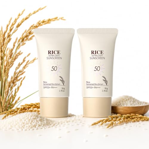 2PCS Rice Face Moisturizing with Spf50+ New Rice Ultra-Light Sunscreen Rice Sunscreen Mineral Formula Effectively Protects Against UV Rays Waterproof and Non-Whitening Suitable for all Skin Types