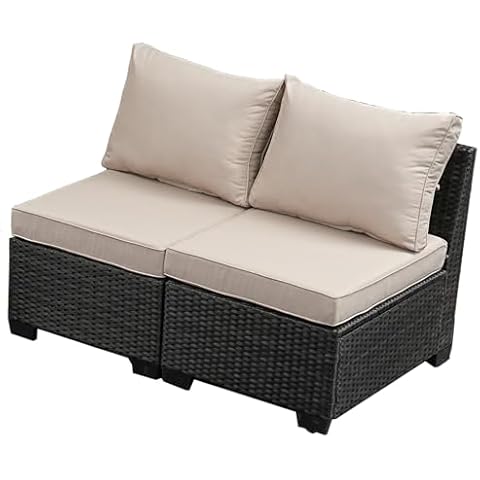 TerraRelax Outdoor Wicker Armless Sofa 2 Pack, Patio Rattan Sectional Sofa Set with Thick Seat Cushions and 2 Back Cushions for Garden, Backyard, Poolside Beige Cover