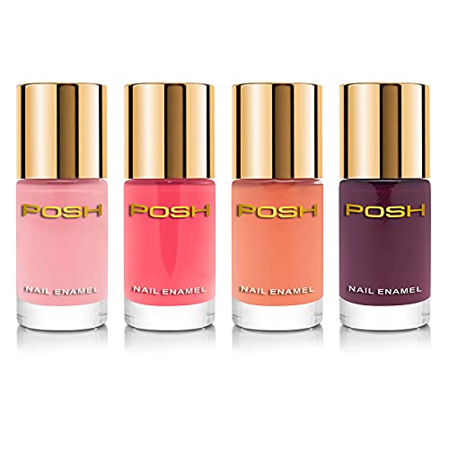 POSH HIGH GLOSS QUICK DRY NAILPOLISH COMBO OF 4 GARNET RED FLAMINGO ORANGE PEACH ROSE PINK