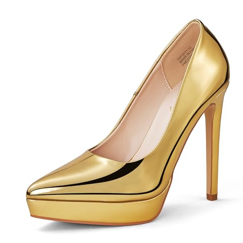 Zhabtuc Zapatos de Plataforma para Mujer Zapatos de Tacón de Aguja Clásicos Tacones Altos con Plataforma Zapatos de Boda con Punta Puntiaguda, Oro, 38 EU