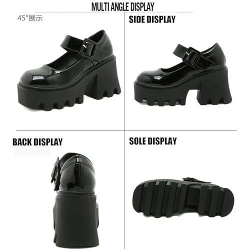 Women's Leather Square Buckle Platform Chunky Heel Mary Janes Adjustable Strap Fashion Closed Round Toe Chunky High Heels Oxford Shoe Leisure Office Party Dress Pumps3