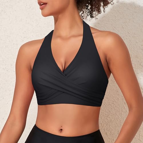 Firpearl Women's Underwire Bikini Tops V Neck Halter Swim Top Push Up Criss Cross Bathing Suit Top Only4