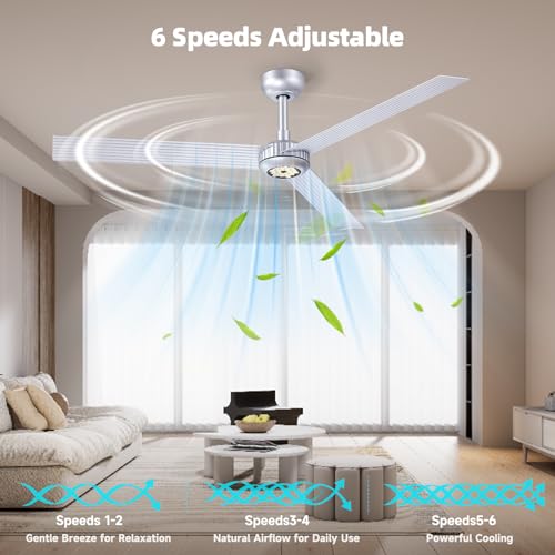 Image of TALOYA Ceiling Fan with Lights,52inch ceiling fan with Remote Control,Metal Body,Silver Finish,6-Speed,Dimmable, Noiseless Reversible DC Motor,Indoor /Outdoor