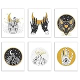 Crystal Canvas Spiritual Occult Prints - Set of 6 (8x10 Inches) Glossy Wall Art Decor Mystic Bohemian Hipster - Nature - Alchemy - Astrology - Skull - Wolf