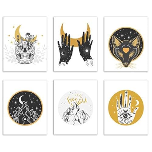 Crystal Canvas Spiritual Occult Prints - Set of 6 (8x10 Inches) Glossy Wall Art Decor Mystic Bohemian Hipster - Nature - Alchemy - Astrology - Skull - Wolf