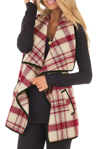 Image of YACUN Women Plaid Vest Lapel Open Front Sleeveless Cardigan