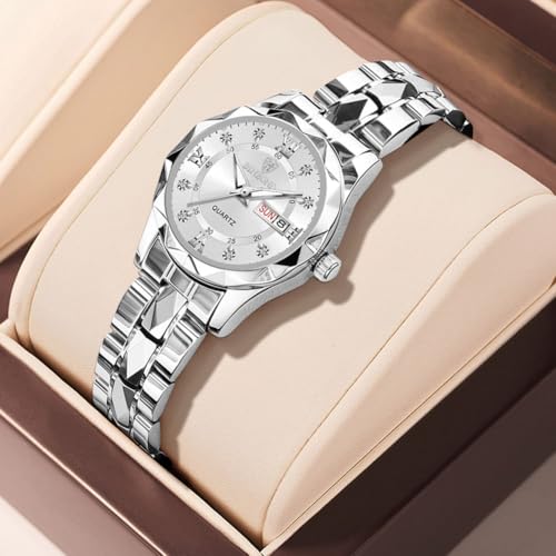 Image of BINBOND Women's Watch Fashion Diamond Elegant Dress Date Ladies Small Wrist Watches for Women Two Tone Stainless Steel Waterproof Luminous Silver