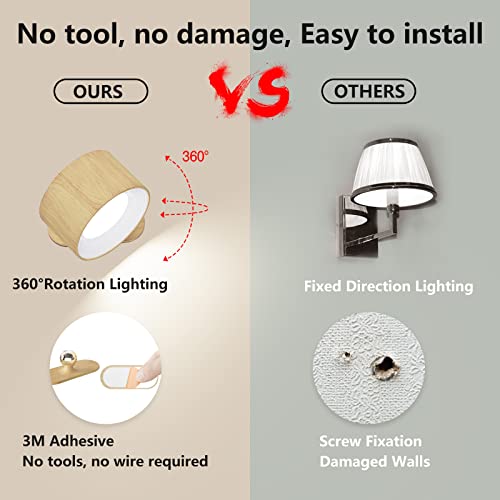 Image of Deyagoo LED Wall Sconce, Wall Mounted Lamp with Rechargeable Battery Operated USB Port 3 Color Temperature & 3 Brightness Level 360Rotate Magnetic Ball, Cordless Light for Reading Bedside-Wood