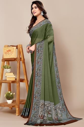 Image of MIRCHI FASHION Saree for Woman Chiffon Madhubani Print | Breathable Comfortable Printed Saree for Office and Regular Use (Available in 15 Designs)