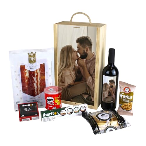 Caja Regalo Aperitivos Personalizada con Foto Caja Regalo Cumpleaños Aniversario Novio Novia Amiga Amigo Regalos Originales Personazlizados (Vino Tinto)