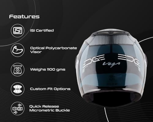 Image of Vega Edge DX Passion Full Face Motorcycle Helmet with Lightweight Shell, Shock Absorbing Liner, Comfortable Interior, Ventilated Fit, Aerodynamic Build, and Trendy Black Grey Finish Black Grey-L