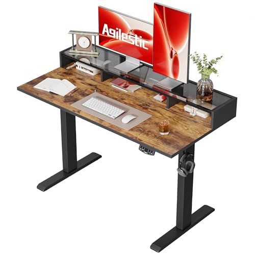 Image of Agilestic 48 x 24 Inches Electric Standing Desk with Storage, Adjustable Height Sit and Stand Computer Table with Glass Shelf, Splice Board, Rustic Brown