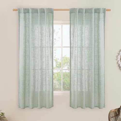 LAMIT 63 Inch Semi Sheer Linen Curtains, Light Filtering Panels Back Tab and Rod Pocket Neutral Drapes for Bedroom/Living Room, Light Sage, 2 Panels, 34 x 63 Inch