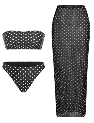 Image of ZAFUL Womens 3pcs Bikini Swimsuits Bandeau 3 Piece Swimwear High Cut Bikini Sets with Long Sheer Coverup Dress