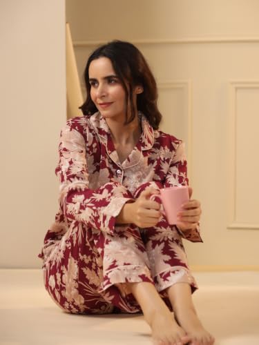Image of SANSKRUTIHOMES Women's Premium 100% Cotton Printed Night Suit Set | Elegant Full Sleeve Collar Top & Pyjama | Soft & Breathable Premium Loungewear for Women