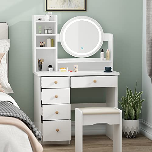 FAMAPY Vanity Desk Makeup Vanity, Vanity Mirror with Lights and Table Set, Vanity Set with Cushion Stool, White FAMAPY Vanity Desk Makeup Vanity, Vanity Mirror with Lights and Table Set, Vanity Set with Cushion Stool, White