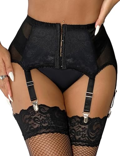 ohyeah High-Waisted Garter Belt Plus Size- Lace Mesh Suspenders Belt with 6 Metal Clip for Thigh Highs Garter Stockings