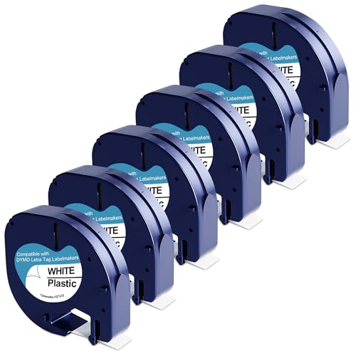 6-Pack 91331 Plastic White Label Tape Replacement for Dymo Letratag Refills 12mm x 4m 1/2 Inch x 13 Feet Work with DYMO LetraTag LT-100H LT-100T QX50 Label Makers
