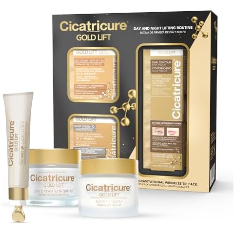CICATRICURE Gold Lift Anti Gravitational Wrinkles Skin Care Gift Set with Day Anti-Wrinkle Cream + SPF 30 , Night Anti-Wrinkle Cream & Dual Contour Eye and Lip Wrinkle Cream, 3 Piece Set Cover