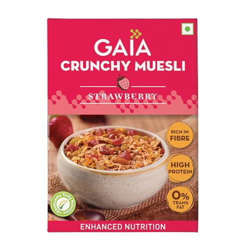 Image of Gaia Crunchy Muesli- Strawberry. Power-packed low calorie healthy breakfast, High Fiber,Source of Iron,No Trans Fat,No Cholesterol,Nutritious breakfast choice |400 gm