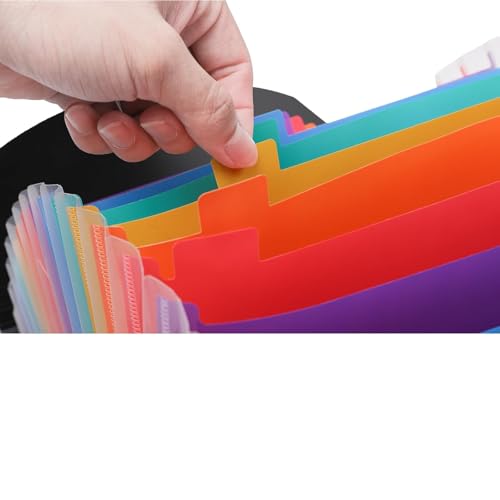 Image of Expanding File Folder with 24 Pockets, A4 Size Accordion File Organizer with Flap & Button Closure, Portable Document Holder for Office, School & Home (Black, Multi-Color Tabs)