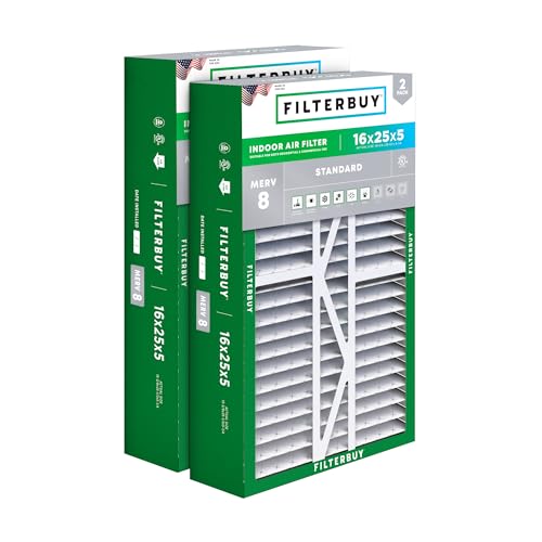 Image of Filterbuy 16x25x5 Air Filter MERV 8 Essential Dust & Allergy Defense (2-Pack), Pleated HVAC AC Furnace Filters for Amana, Coleman, Goodman, Maytag, York, and More (Actual Size: 15.38 x 25.50 x 5.25)