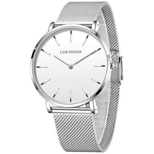 LIGE Montre Femme, Montre Bracelet Femme Ultra-Plate, Analogique à Quartz, Grand Cadran épuré, Acier Inoxydable étanche, Style raffiné, élégant et Tendance,...