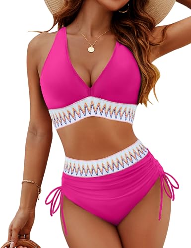 Image of Blooming Jelly Women High Waisted Bikini Sets Tummy Control Swimsuits Color Block Two Piece Drawstring Bathing Suit