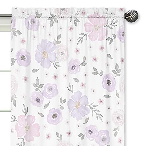 Image of Sweet Jojo Designs Lavender Purple, Pink, Grey and White Window Treatment Panels Curtains for Watercolor Floral Collection - Set of 2 - Rose Flower