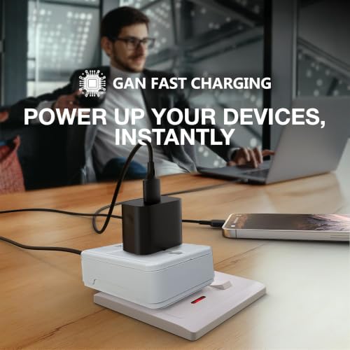 Image of MX 70W Universal Travel Adapter UK Plug with Dual USB-C PD Ports, GaN Fast Charger, International Plug Adapter with Universal AC Socket for Laptop, MacBook, iPhone, iPad, Tablet - White