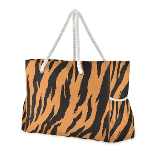 susiyo Beach Bag Tiger Pattern Texture Beach Tote Bag Large Travel Tote Bag Waterproof Lightweight Shoulder Bag with Thick Cotton Rope for Gym Beach Travel Pool Yoga Baby Utility Bag
