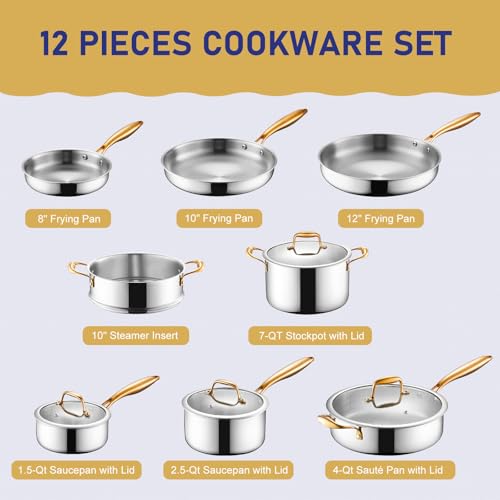 Image of Triple Ply Stainless Steel Pots and Pans Set, EWFEN 12 Piece Induction Cookware Set, Oven Dishwasher Safe | Frying Pans, Saucepans, Saute Pan & Stock Pot, PFOA Free Kitchen Skillet, Gold