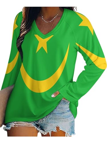 Blusa Mujer Elegante Camiseta Manga Larga De Negocios Larga Manga Camisas Cuello En V Bandera De Mauritania Túnica Moda Casual Trabajo Túnica Verano Tops Otoño T Shirts