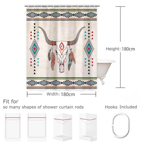Dongbei Western Boho Shower Curtain Bull Skull Aztec Native American Tribal Southwestern Shower Curtains Set Cattle Feathers Geometry Shower Curtains For Bathroom 72X72 Inches With Hooks thumb #4