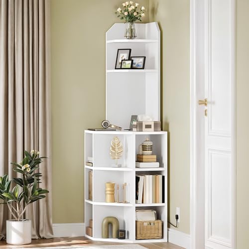 GOOBED Corner Shelf Cabinet, Modern Corner Storage Rack with Charging Station, Wooden Display Bookshelf Bookcase for Living Room, Bedroom, Dining Room, Kitchen, White