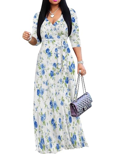 Image of Women's V Neck Floral Maxi Dress 3 /4 Sleeve Plus Size Boho Wrap Flowy Long Dresses with Belt
