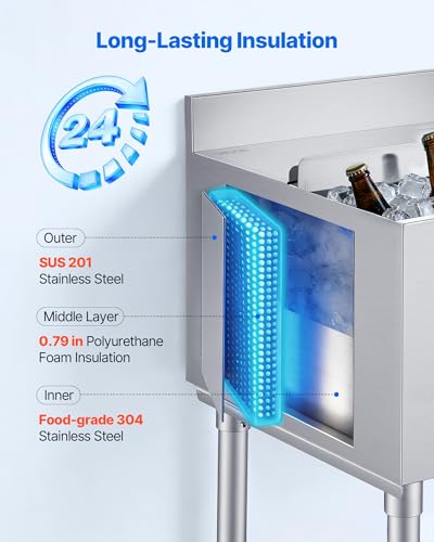 Image of VEVOR Commercial Ice Bin,19 Inch Stainless Steel Ice Chest with Sliding Lid and Bottle Holders, Cooler Cart Cocktail Unit for Bar Restaurant Pub, NSF Certified