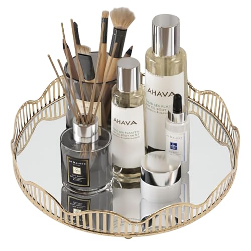 XINFUHUA Mirror Tray, Vanity Trays for Bedroom Dresser, Glass Perfume Mirrored Tray for Vanity, Gold Glass Vanity Tray Home Decor for Dresser Tops, Mirror Vanity Tray for Perfume (Gold, L)